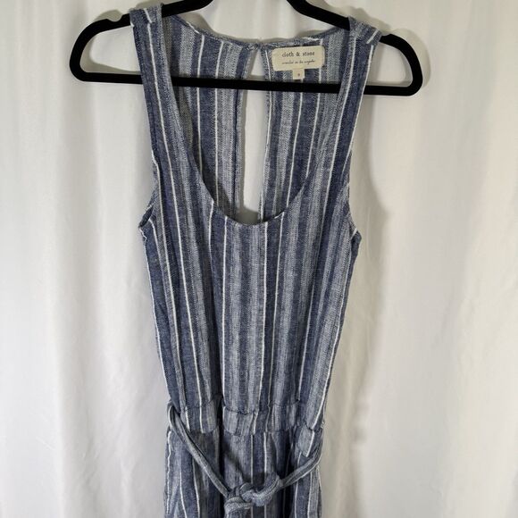 Cloth and Stone Linen Blend Romper Women's Small Blue Striped Open Back Tie - Picture 2 of 13